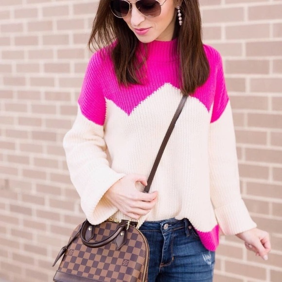 The Reeds x J.Crew Colorblock Sweater M Pink Ivory Zip Zag Bell Sleeve - Picture 9 of 9